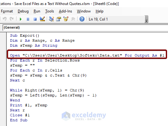 VBA Code #1 to Save Excel Files as a Text Without Quotes 