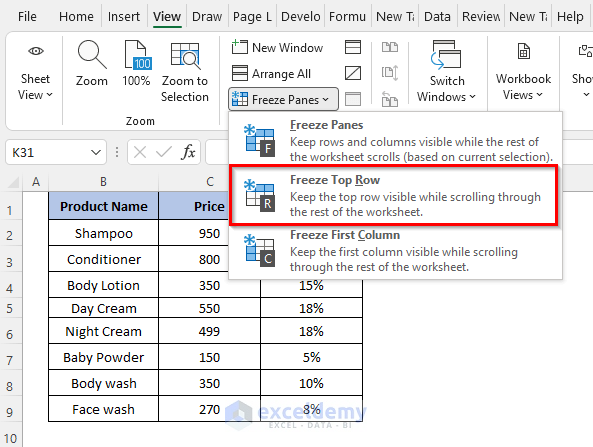 3 Shortcuts of Freeze Panes in Excel