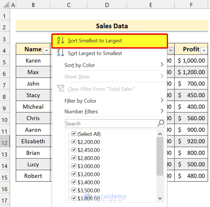 Sort by Smallest to Largest in Excel