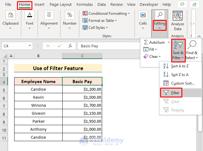 Sort Ascending with Excel Filter Feature