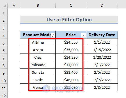 Using Filter Options to the Table Headers in Excel