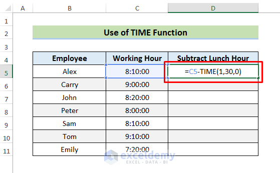 Subtract Time with TIME Function in Excel