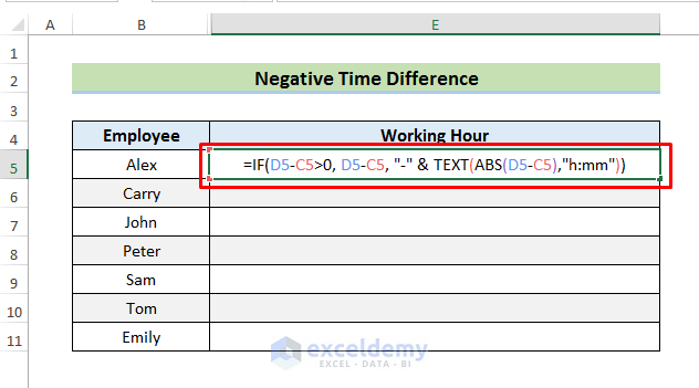 Calculate and Display Negative Time Difference in Excel