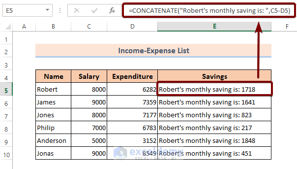 Example 4: Use CONCATENATE Function to Add Text and Formula in the Same Cell in Excel