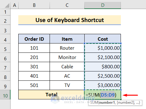 Keyboard Shortcut to Sum a Column in Excel