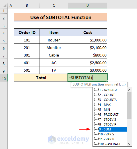 Excel SUBTOTAL Function to Total a Column