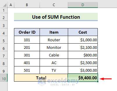 Excel SUM Function to Total a Column