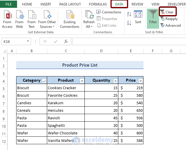 Use Clear Command to Undo Sort in Excel