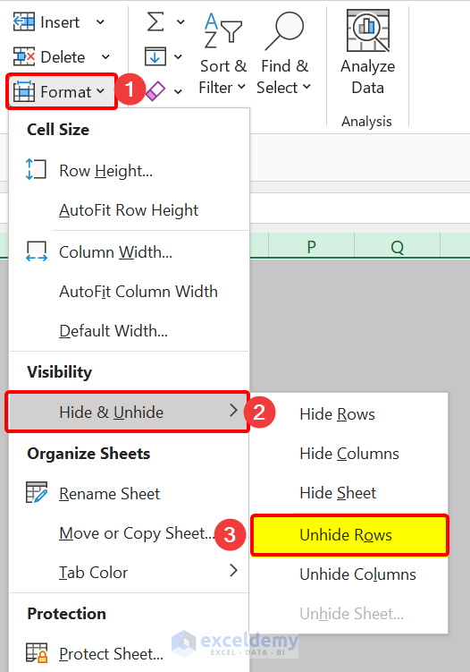 Using Ribbon to Unhide All Rows
