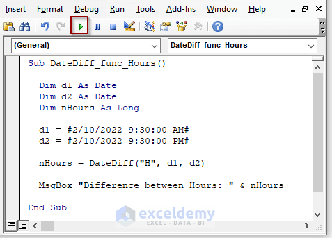 DateDiff Function to Find Difference between Hours in Excel VBA