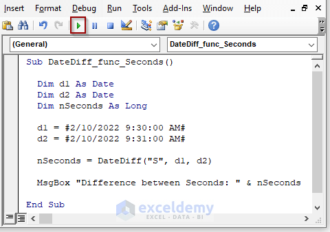 Acquire Variation in Seconds by VBA DateDiff function