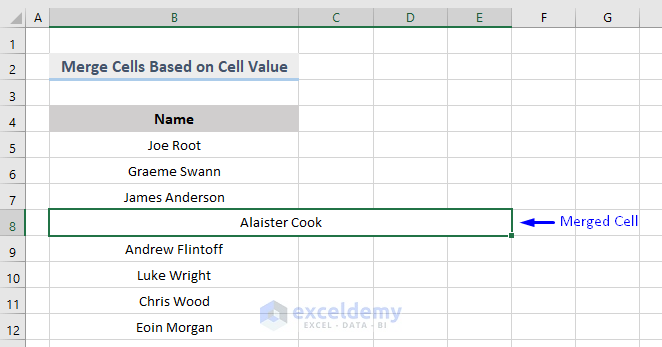 result of VBA Macro to Merge Cells Based on Cell Value in Excel