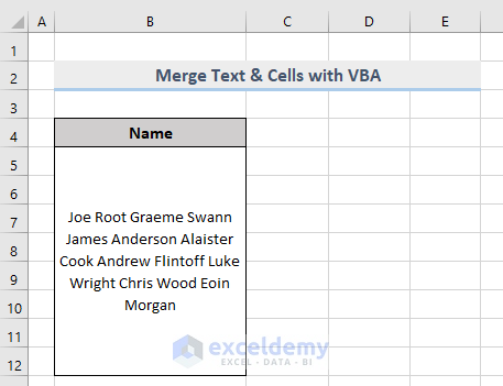 Result of Merge Both Text and Cells with VBA in Excel