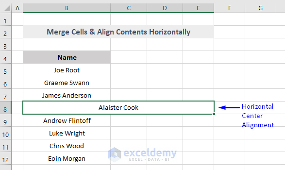 result of VBA to merge Cells Horizontally and Align Center in Excel