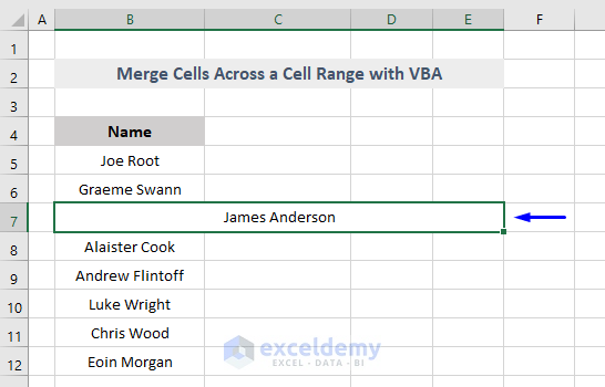 Result of VBA to Merge Cells Across the Range in Excel