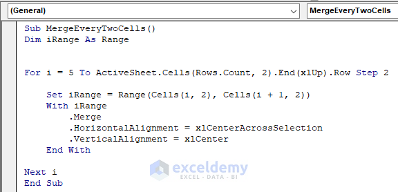 VBA to Merge and Center Every Two Cells in a Range in Excel