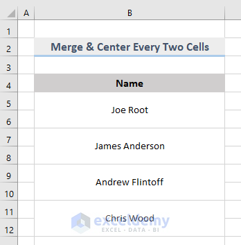 Result of VBA to Merge and Center Every Two Cells in a Range in Excel