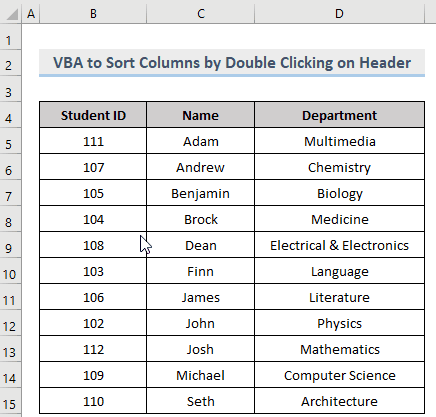 Result of VBA Macro to Sort Column by Double Clicking on Header in Excel