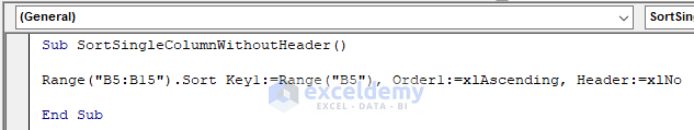 Embed VBA to Sort a Single Column without Header in Excel