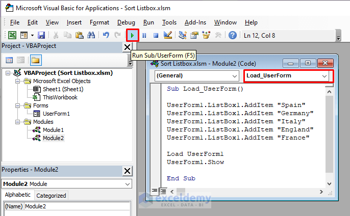 Running Module to Sort Listbox with VBA in Excel