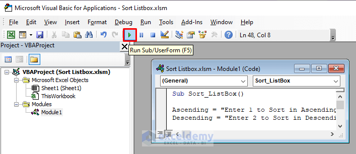 Running the Code to Sort Listbox with VBA in Excel