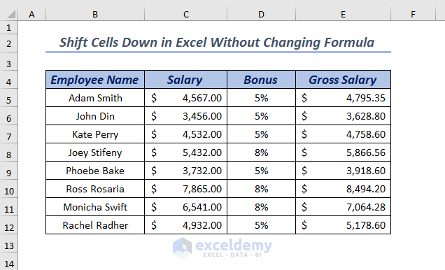 Dataset to Shift Cells Down in Excel without Changing Formula