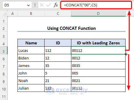 Adding leading zeros in Excel using CONCAT function