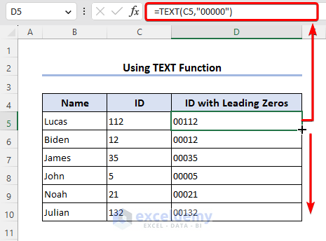 Use of TEXT function to add leading zeros