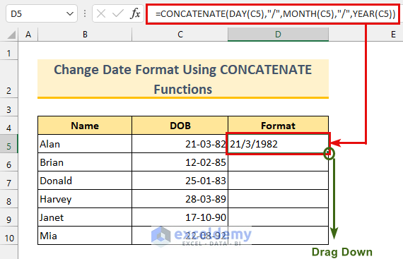 Using CONCATENATE, DAY, MONTH and YEAR Functions to Change Date Format in Excel