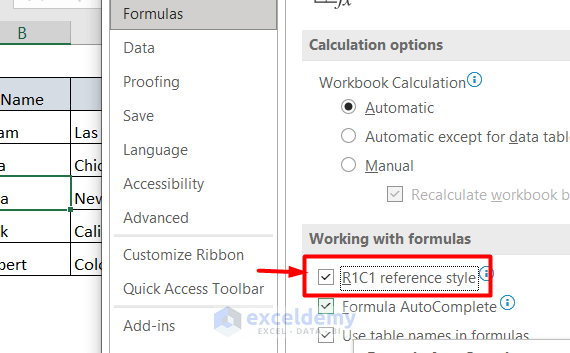Selected R1C1 reference style