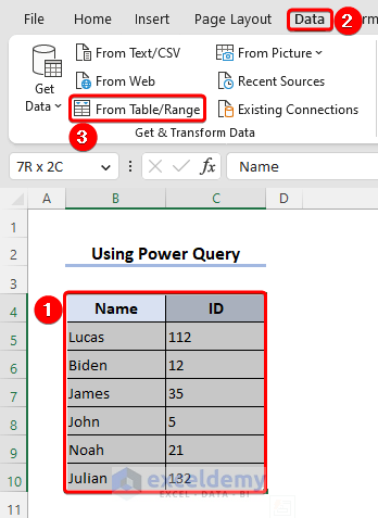 Select range to enter power query