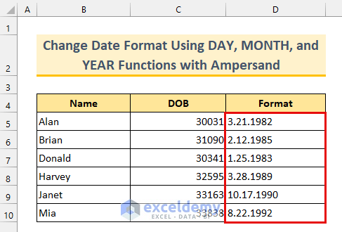 Output After Using Formula to Change Date Format in Excel