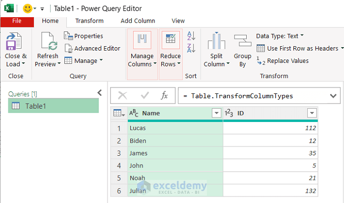 Data transformed to Power Query