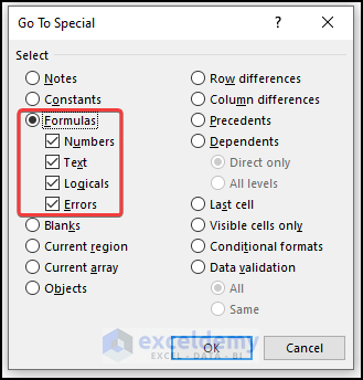 select formulas in the Go To Special option