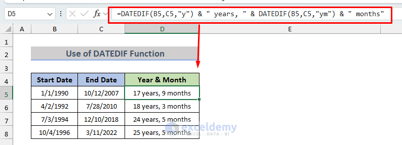 Calculate Years and Months between Two Dates in Excel