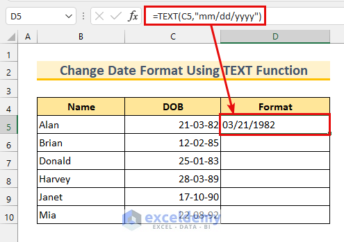 Using TEXT function to Change Date Format in Excel