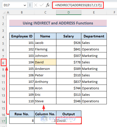 Inserting INDIRECT and ADDRESS functions as a formula to reference cell by row and column number
