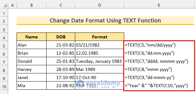 Formula Examples of Using TEXT Function to Chnage Date Format to Various Other Dates Formats in Excel