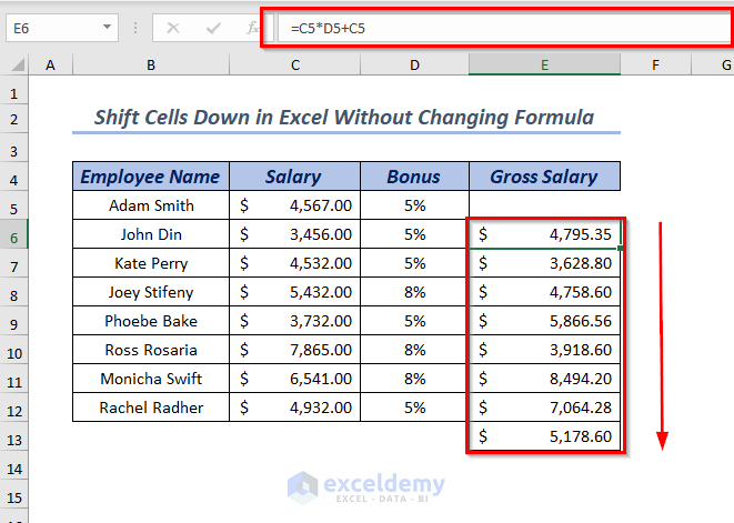 How to Shift Cells Down in Excel without Changing Formula