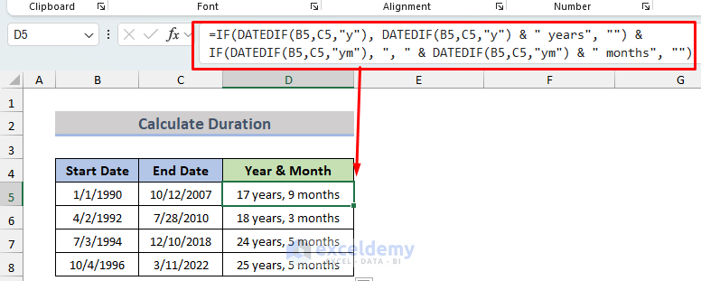 Calculate Years and Months between Two Dates in Excel