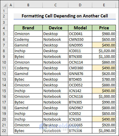 5-Highlighting cells which are equal to $490.00