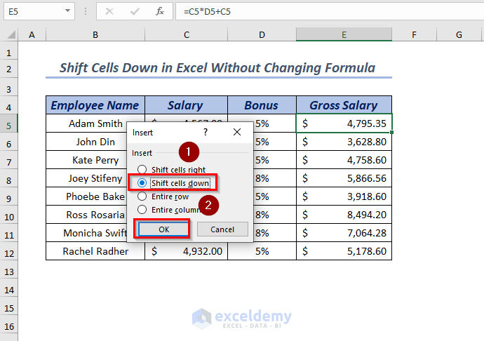 How to Shift Cells Down in Excel without Changing Formula