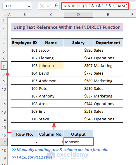 Inserting INDIRECT function to reference cell by actual row and column number using text reference