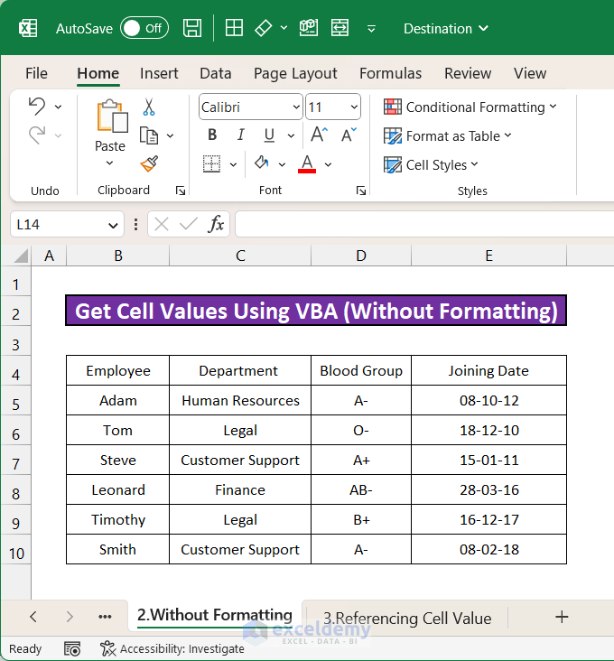 Result After Running VBA Code to Copy Values Without Formatting