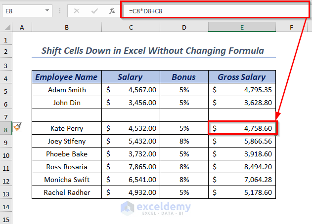 How to Shift Cells Down in Excel Without Changing Formula