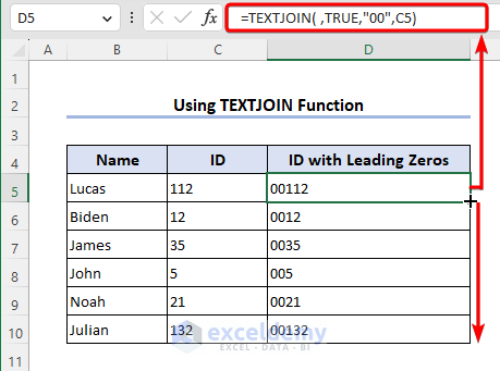 Excel TEXTJOIN function to add leading zeros