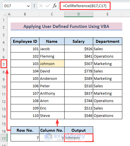 Inserting CellReference function as a User Defined Function to reference cell by row and column number