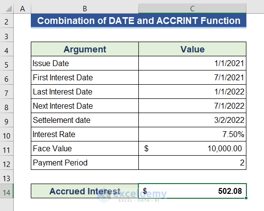 Excel DATE & ACCRINT Functions to Determine Accrued Interest