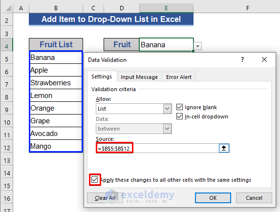 Add Item to Drop-Down List Based on Range of Cells in Excel