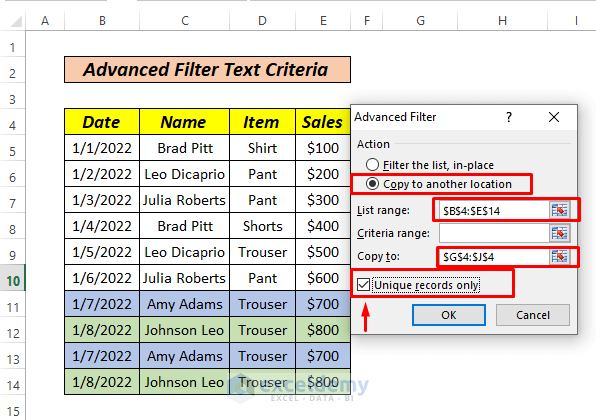 Advance Filter Text Criteria unique dataset